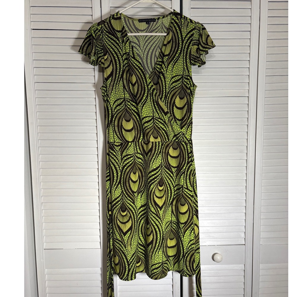 Antonio Melani Lime Green Peacock Print Wrap Dress Flutter Sleeve Medium